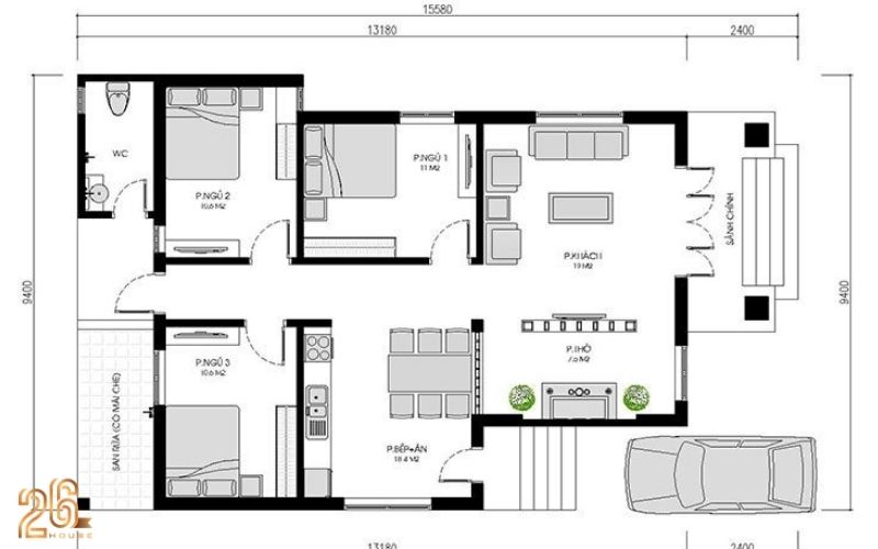 Bố trí công năng nhà cấp 4 100m2 3 phòng ngủ tối ưu diện tích 