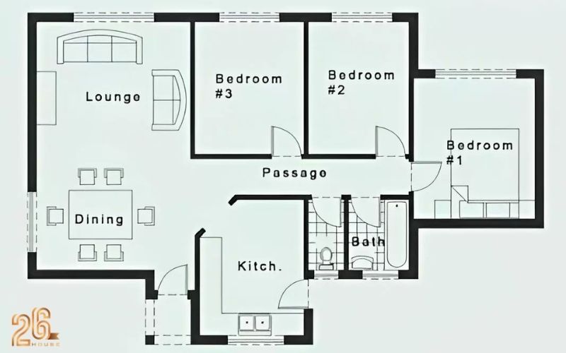 Bản vẽ mặt bằng nhà cấp 4 100m2 3 phòng ngủ đơn giản và tiện nghi 