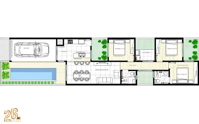 Bản vẽ nhà ngang 5x20m với 3 phòng ngủ bố trí khoa học