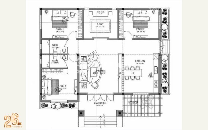 Bản vẽ nhà cấp 4 100m2 3 phòng ngủ có phòng thờ riêng 