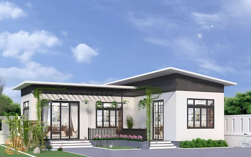 Mẫu nhà cấp 4 100m2 3 phòng ngủ chữ L có sân vườn