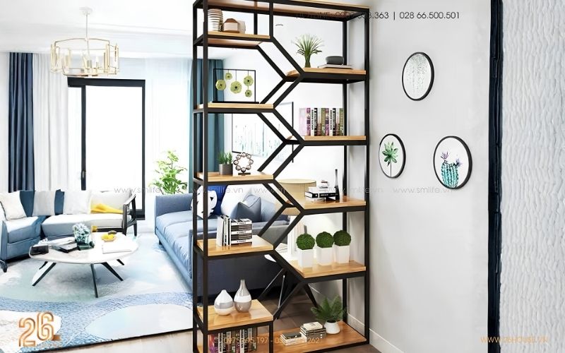 Vách ngăn phòng khách bằng sắt hộp kết hợp kệ trang trí