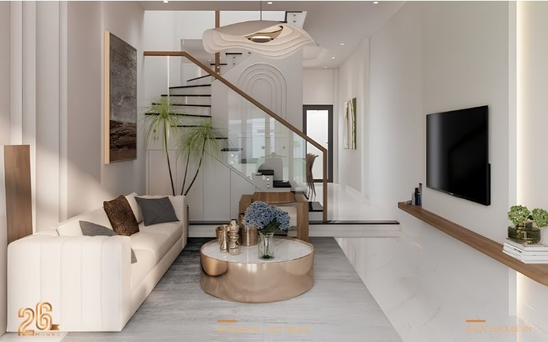 Mẫu phòng khách đẹp hiện đại đơn giản có cầu thang tối ưu