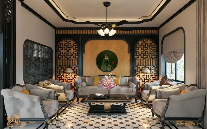 Mẫu phòng khách đẹp hiện đại đơn giản với phong cách  Indochine sang trọng
