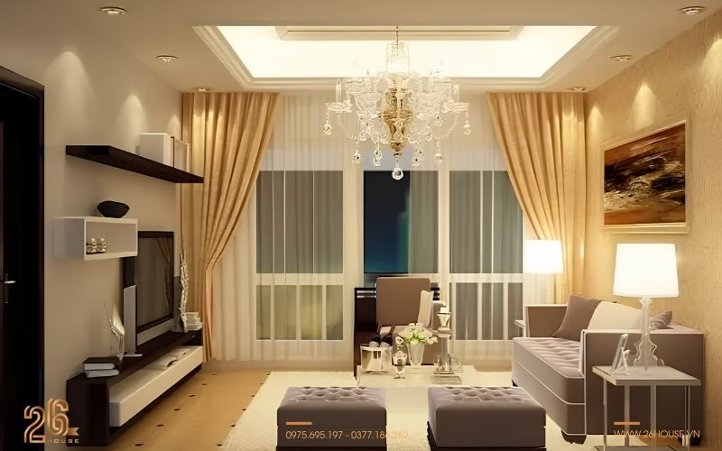 Phòng khách đẹp hiện đại đơn giản với rèm cửa đồng bộ màu sắc