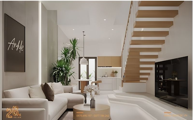Mẫu phòng khách đẹp hiện đại đơn giản nhà ống thoáng rộng